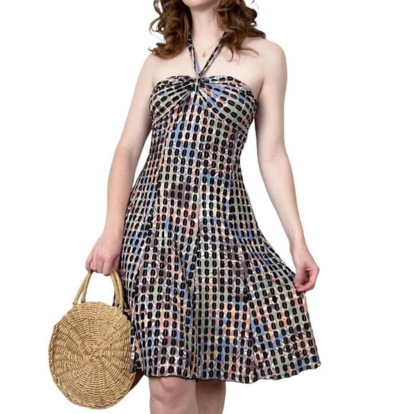 Vintage Dresses & Skirts - Vintage Multicolor Halter Knit Jersey A-Line Fit & Flare Mini Midi Summer Dress